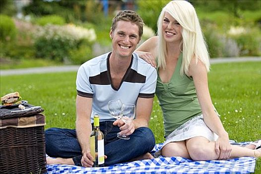 年轻,情侣,白葡萄酒,坐,野餐,布
