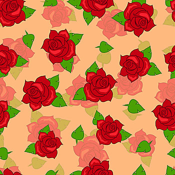 红玫瑰,绿叶,无缝,图案,插画,隔绝,大,花,卡通,风格,包装纸,时尚,装饰,无限,纹理,矢量