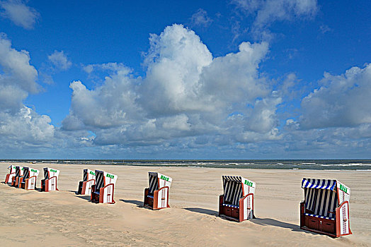 沙滩椅,东方,海滩,白色,沙丘,蓝色,云,东弗里西亚群岛,北海,下萨克森,德国,欧洲