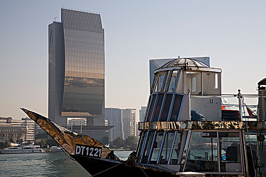 阿联酋,迪拜,迪拜河,正面,锚定,独桅三角帆船,建筑,背景