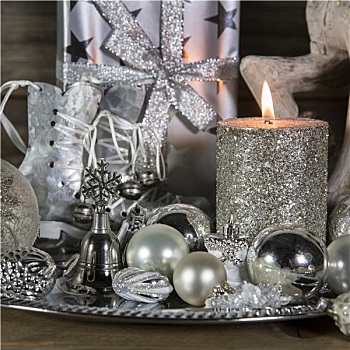 喜庆,圣诞装饰,银,燃烧,蜡烛