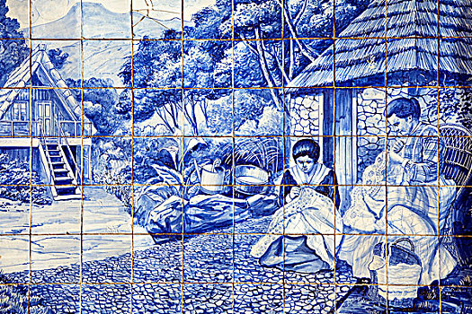 上光瓷砖,涂绘,砖瓦,两个女人,刺绣,工作,马德拉岛,葡萄牙,欧洲
