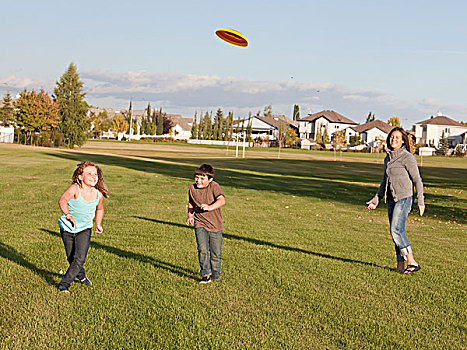 母亲,投掷,飞盘,孩子,公园,艾伯塔省,加拿大
