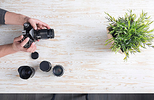 俯视,男性,摄影师,摄影,植物,桌上