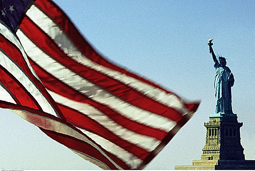 自由女神像,美国国旗,纽约,美国