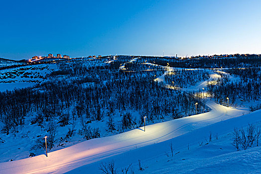 照亮,越野滑雪,小路,黄昏,拉普兰,北方,瑞典,欧洲