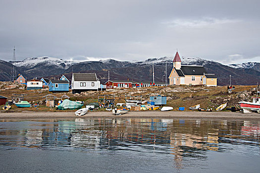 格陵兰,半岛,迪斯科湾,市区,遥远,凹陷,港口,风景,教堂,大幅,尺寸