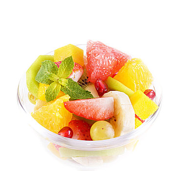 健康,水果沙拉,玻璃碗,上方,白色背景
