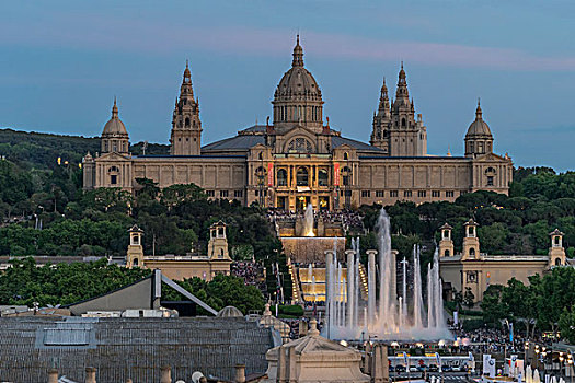 喷泉,正面,加泰罗尼亚,美术馆,巴塞罗那,西班牙,欧洲