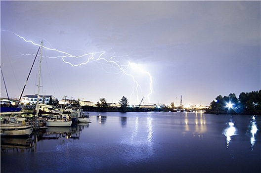 雷暴,闪电,上方,水系,船,塔科马,华盛顿