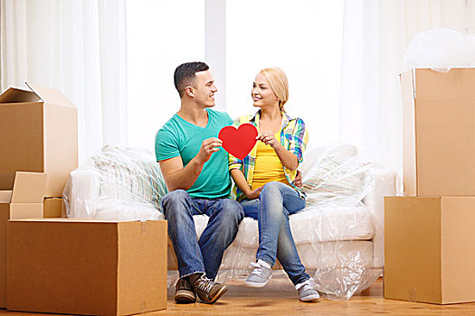 移动,家,情侣,概念,微笑,红色,心形,沙发,新家