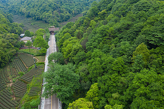 杭州西湖梅家坞梅灵路隧道航拍