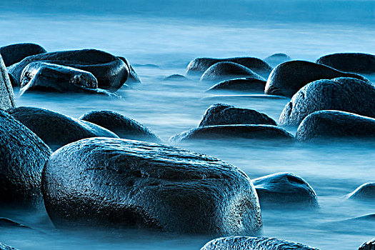 圆,石头,海浪,海滩,罗弗敦群岛,挪威,欧洲