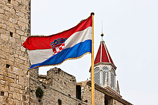 旗帜,历史,城镇中心,世界遗产,特洛吉尔,分开,区域,中心,达尔马提亚,亚得里亚海,海岸,克罗地亚,欧洲