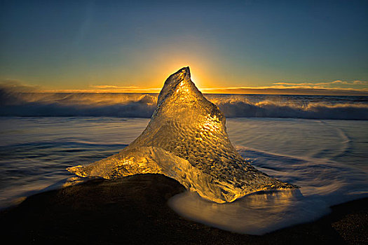 尖,冰层,发光,金色,阳光,冰岛