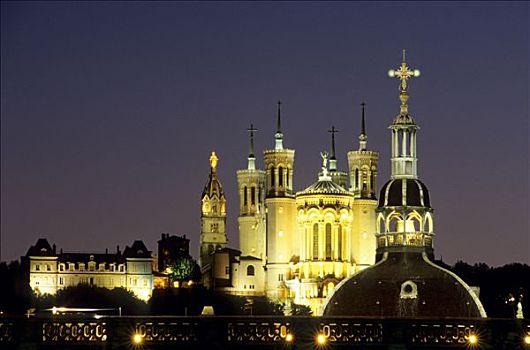 法国,里昂,夜景,大教堂,巴黎圣母院