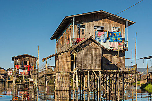 缅甸,掸邦,茵莱湖,传统,漂浮,房子,彩色,毯子,弄干,太阳