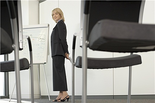 职业女性,站立,旁侧,白色书写板,空,会议室,椅子,前景,头像