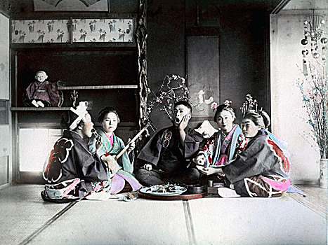 四个女人,男人,演奏,日本,亚洲