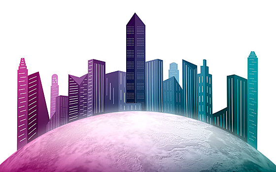 彩色的现代高楼大厦建筑轮廓剪影建立在地球上插画