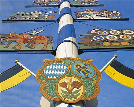 标识,五月花柱,慕尼黑,维克托阿灵广场集市,巴伐利亚,德国,欧洲