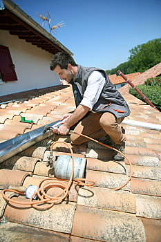 房顶工,工作,房子,屋顶,修理,排水槽
