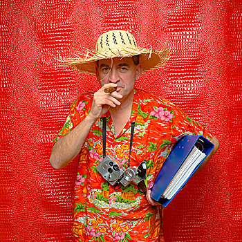 男人,夏威夷衫,相机,草帽,雪茄,活页簿