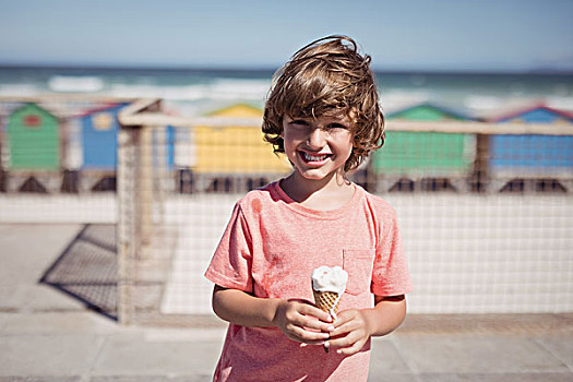 头像,微笑,男孩,拿着,冰淇淋,海滩,晴天