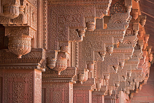 装饰,雕刻,砂岩,柱子,红堡,阿格拉,北方邦,印度,亚洲