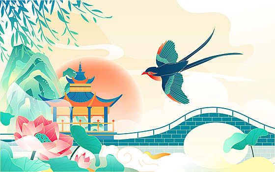 春分節(jié)氣燕子飛翔春天戶外風(fēng)景踏青國潮插畫
