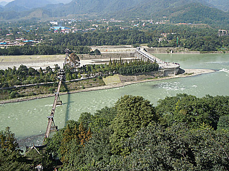 四川,都江堰,世界遗产,南桥,水坝,青城山,河流,石碑