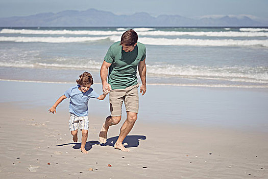 高兴,男孩,父亲,跑,海滩,晴天