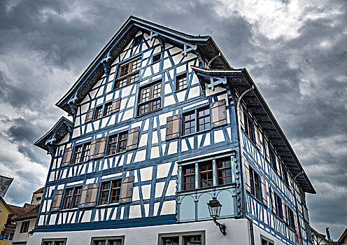 蓝色,半木结构房屋,历史,中心,瑟尔高,瑞士,欧洲