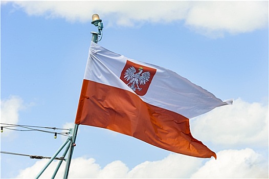 波兰,红色,白色,旗帜,冠,鹰,摆动,蓝天