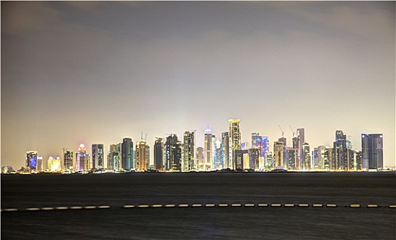 多哈,市区,天际线,夜晚,卡塔尔,中东