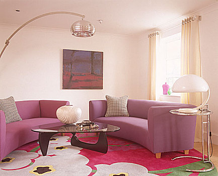 鲜明,起居室,粉色,紫色,弯曲,沙发,拱形,落地灯,花,地毯