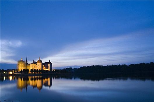 城堡,湖,夜晚,靠近,德累斯顿,萨克森,德国