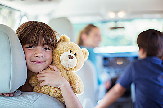 头像,高兴,女孩,泰迪熊,后座,汽车