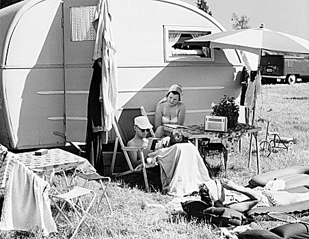情侣,房车,营地,特雷勒堡,瑞典,20世纪50年代,艺术家,未知