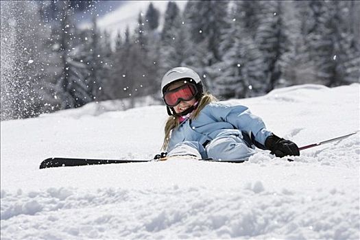 女孩,滑雪,躺着,雪