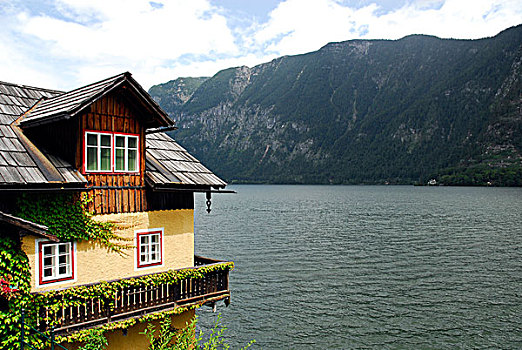 房子,哈尔斯塔特,看,湖,世界遗产,萨尔茨卡莫古特,阿尔卑斯山,上奥地利州,欧洲