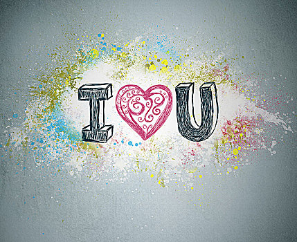 我爱你,手写,信息,混凝土墙,插画,心形,象征,爱情,情人节,涂鸦,鲜明,溅,背景