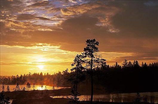 日落,湖,芬马克,挪威,斯堪的纳维亚,欧洲