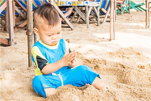 亚洲人,可爱,男孩,玩,沙子,海滩