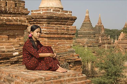 孩子,缅甸,女人,屋顶,庙宇,蒲甘,东南亚