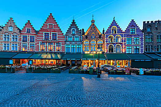 蓝色,黃昏,彩色,中世纪,房子,市场,布鲁日,西佛兰德省,比利时,欧洲