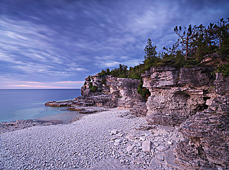 漂亮,日落,景色,乔治亚湾,岩石,岸边,悬崖,雪松,树,布鲁斯半岛国家公园,安大略省,加拿大