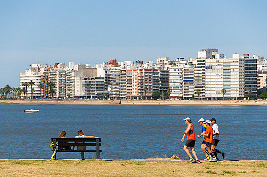 慢跑,人,长椅,兰不拉,散步场所,蒙得维的亚,乌拉圭,南美