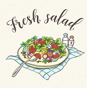 旧式,背景,新鲜,蔬菜沙拉,盘子,矢量,插画