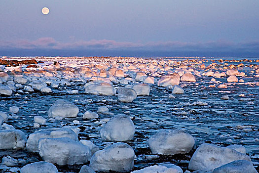 加拿大,哈得逊湾,日落,满月,上升,冰盖,石头